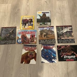 9 kids books, 6 dinosaur, dragons, 2 monsters and myths